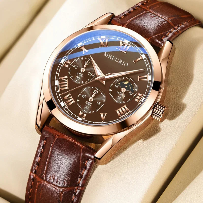 Relógio de quartzo, pulseira de couro aparente, masculino, três olhos- Produto fino, elegante, clássico e luxuoso.