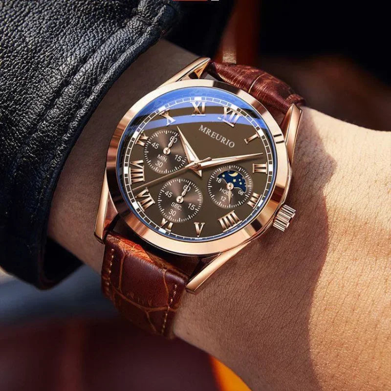 Relógio de quartzo, pulseira de couro aparente, masculino, três olhos- Produto fino, elegante, clássico e luxuoso.