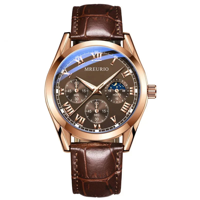 Relógio de quartzo, pulseira de couro aparente, masculino, três olhos- Produto fino, elegante, clássico e luxuoso.