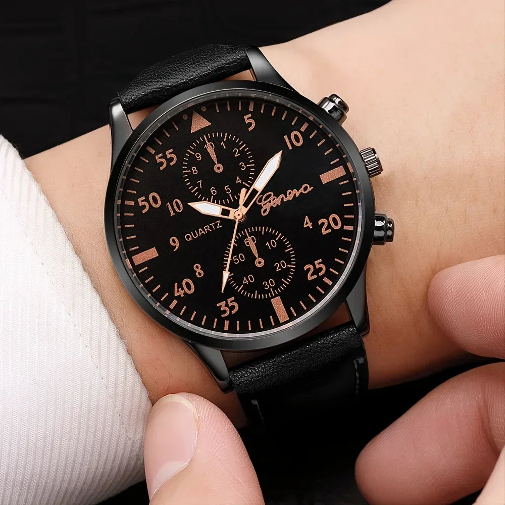 Relógio de pulso masculino de quartzo, pulseira de couro marrom, relógio casual, e luxo, (4 pcs, 2 pcs, 1pc)
