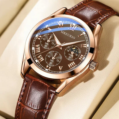 Relógio de quartzo, pulseira de couro aparente, masculino, três olhos- Produto fino, elegante, clássico e luxuoso.