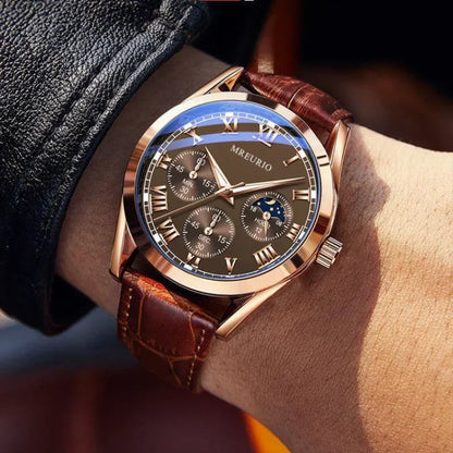 Relógio de quartzo, pulseira de couro aparente, masculino, três olhos- Produto fino, elegante, clássico e luxuoso.