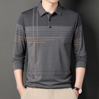 New Men Long Sleeve Polo Shirt Lapel Stripe Business Polo Shirt Turndown Casual T-Shirt with Pockets