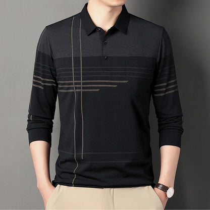 New Men Long Sleeve Polo Shirt Lapel Stripe Business Polo Shirt Turndown Casual T-Shirt with Pockets