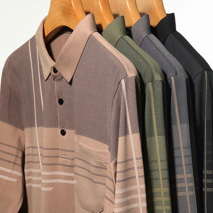 New Men Long Sleeve Polo Shirt Lapel Stripe Business Polo Shirt Turndown Casual T-Shirt with Pockets