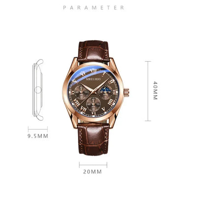 Relógio de quartzo, pulseira de couro aparente, masculino, três olhos- Produto fino, elegante, clássico e luxuoso.