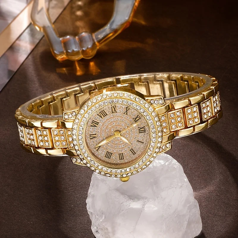 Relógio de quartzo de strass de luxo feminino, (Acessórios de brinde) conjunto de jóias de pulso analógico, presente para o dia dos namorados.