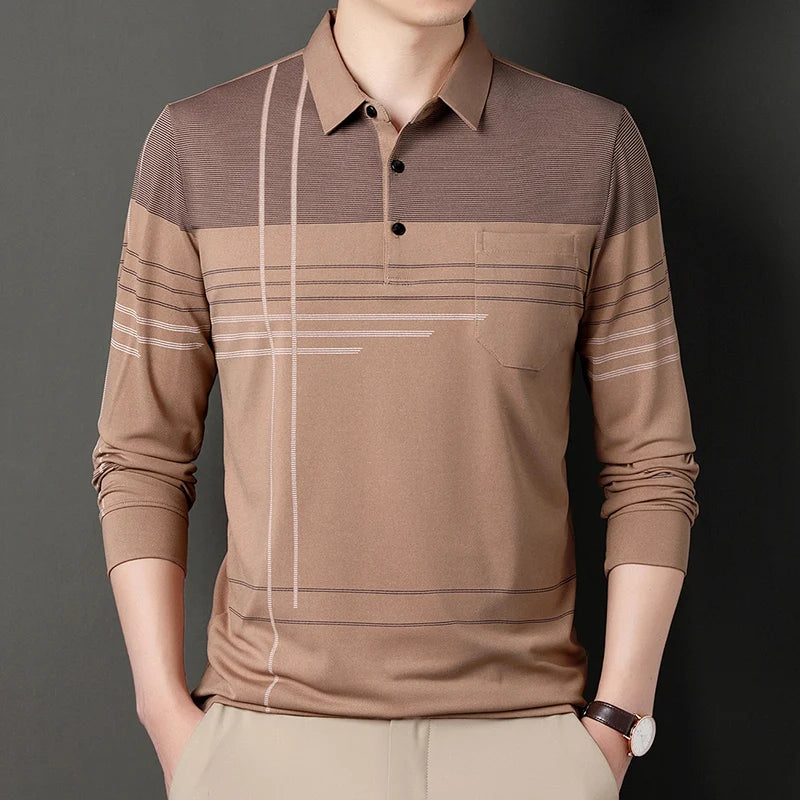 New Men Long Sleeve Polo Shirt Lapel Stripe Business Polo Shirt Turndown Casual T-Shirt with Pockets