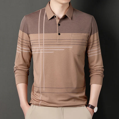 New Men Long Sleeve Polo Shirt Lapel Stripe Business Polo Shirt Turndown Casual T-Shirt with Pockets